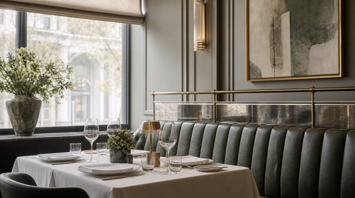 Gedeckter Tisch in einem gehobenen Hotelrestaurant mit dunkelgrüner Lederbank