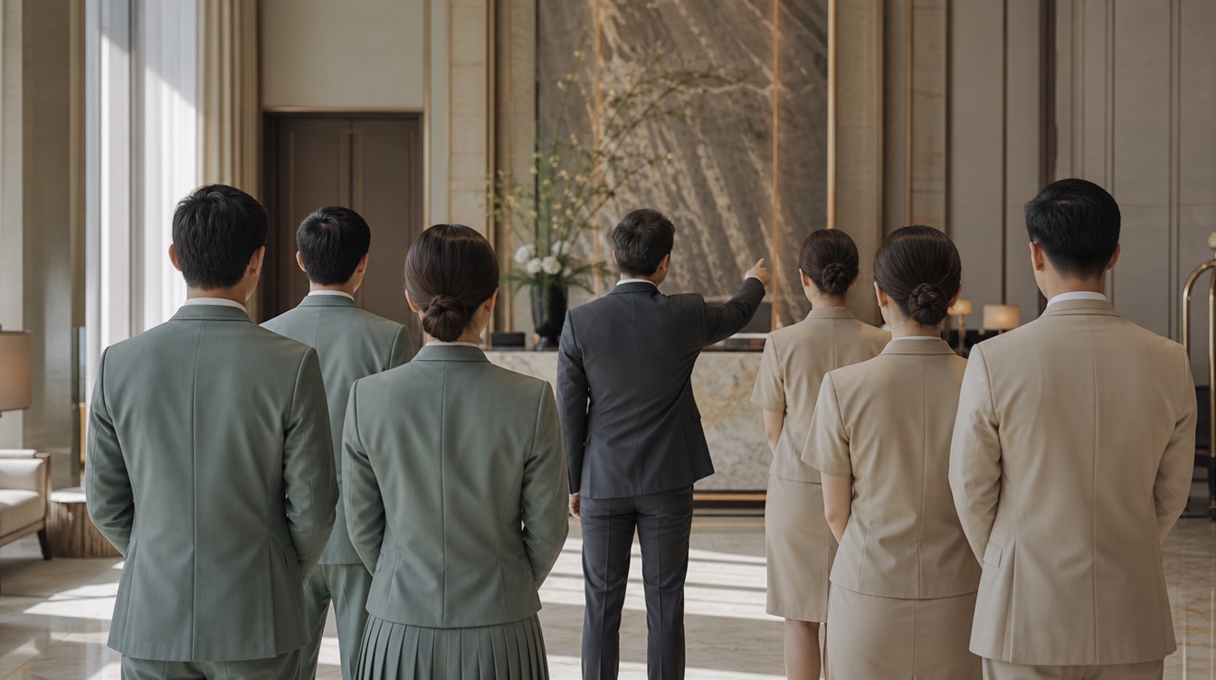 Neue Mitarbeitende in Uniform bei der Einweisung in einer eleganten Hotellobby
