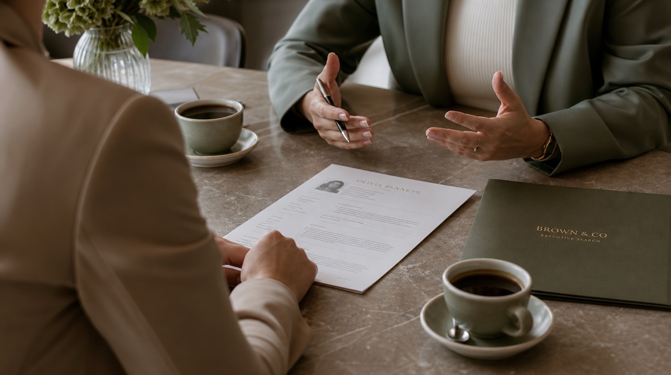 Gespräch über Unterlagen an einem eleganten Tisch: Auswahlgespräch ohne Hektik