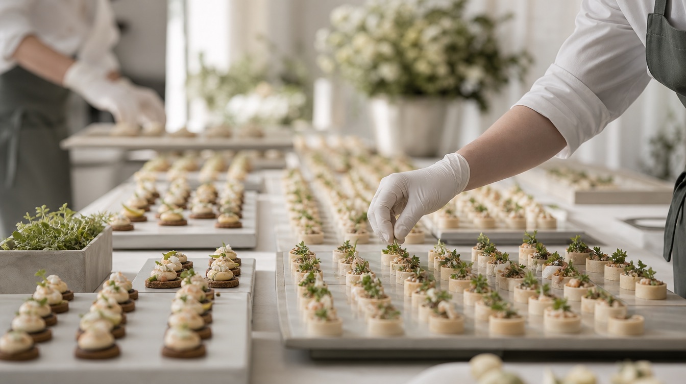 Professionelle Catering-Produktion mit angerichteten Speisen